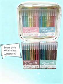 36pcs Classic Bag Set Morandi Color Pens Set Transparent Barrel Multi Colors Gel Ink 0.5mm Ballpoint Liner Marker For Drawing Highlighting - Pink - View 9