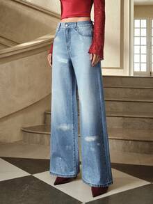 Selenza Women's Fashionable Commuter Sequin Low Waist Wide Leg Jeans - Blue - View 3