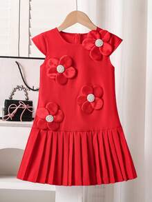 Vestido sin mangas de color rojo sólido para niñas - Rojo - Ver 1