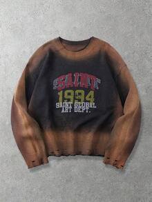 ROMWE MEN Street Life 男士字母图案圆领宽松毛衣，秋冬款 - 黑色 - 查看 1