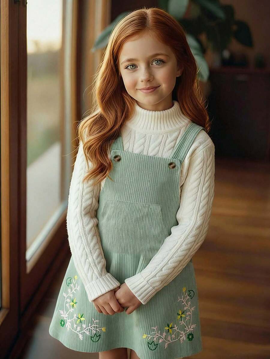 Emery Rose Kids Emery Rose Kids Tween Girls Embroidered Casual French Country Style Pinafore Dress, Green Dress 2 Piece Girls Shirt Set Green Girls Spring And Autumn Dress Girl Sage Green Flower Dress 2pcs Set Toddler Girls Cute Vintage Style Autumn And Winter Young Girls Dressse Corduroy Overall Dress Young Girls Autumn And Winter Girls Dress Chic Burgundy Corduroy Girl Dress With Ruffle Pocket Detail For Fall And Winter Infant Outfits Autumn And Winter Young Girls Dressse Girl S Spring And Autumn Dress - Green - View 1