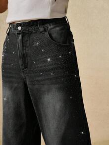 ROMWE MEN Street Life 宽松直筒舒适水钻装饰休闲男士牛仔裤 - 黑色 - 查看 7