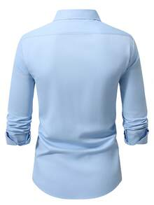 Manfinity Mode 男士正装衬衫，纯色长袖弹力免烫正式衬衫，商务休闲浅蓝色纽扣衬衫，秋季款 - 淺藍色 - 查看 2