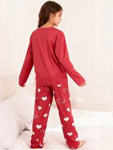 Mädchen Herz Muster Rundhals Lässig Langarm Pyjama Set - Bordeaux - Übersicht 2