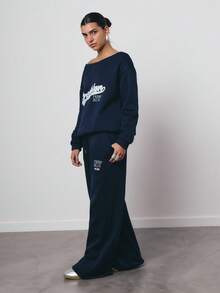 SURIMA 女士宽松露肩卫衣和阔腿运动裤两件套，加厚保暖内衬，适合秋冬季穿着 - 藏蓝色 - 查看 4