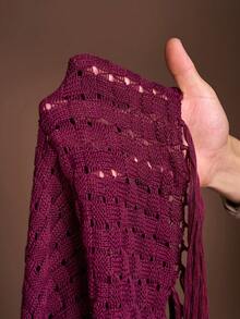 Veslaya 春夏新品上市。优雅精致，完美适用于度假、约会、派对、晚宴、生日聚会、日常出行、婚礼季、毕业季、家庭聚会、法式风情派对等各种场合。修身纯色酒红色长裙，无袖圆领，流苏下摆，钩编提花面料，大码女式长裙。 - 酒紅色 - 查看 9