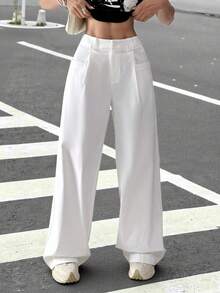 SHEIN EZwear Quần ống rộng cổ điển màu trắng mùa xuân/hè cho nữ - trắng - Xem 5