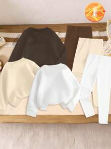 Baby Girls Letter Print Sweatshirt & Pants Set, Fashionable Casual Leopard Print, Heart & Slogan Graphic Warm Crew Neck Hoodie, Versatile Matching Sweatpants, Suitable For Girls Daily Wear, Autumn/Winter - Multicolor - View 2