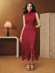 Anewsta Đầm nữ cổ đứng không tay thắt eo tua rua phong cách ngày lễ Giáng sinh & Ngày lễ tình nhân - Màu Đỏ Sâu - Xem 4