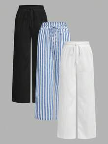 SHEIN Tall 3件組黑白紋理布料搭配淺藍粗條紋，航海風度假風女款休閒腰綁帶口袋直筒褲，適合夏季度假，棉混紡，舒適 - 彩色 - 查看 2