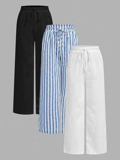 SHEIN PETITE 3pcs Set Black & White Striped Nautical Style Women Casual Waist Tie Pants With Pockets, Straight Leg, Suitable For Summer Vacation Fall Clothes Summer And Summer Clothes