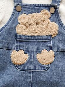 Vintaside Kids Infant Boys' Denim-Like Fabric Romper With Bear Animal Plush Pattern, Countryside Style, Suitable For Spring, Autumn, Winter, Fashionable, Casual, Cute, Versatile Outdoor Wear