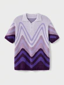 EASEVO Manfinity Brand - Men's Short Sleeve Half Chest Turndown Collar Sweater, Loose & Casual Knit Shirt Men S Resort Wear Men Buttoned Knitted Polo - Purple - View 1