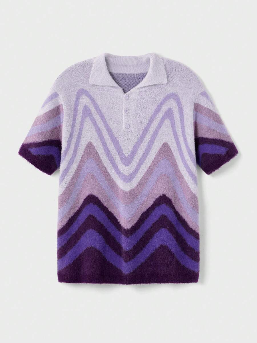 EASEVO Manfinity Brand - Men's Short Sleeve Half Chest Turndown Collar Sweater, Loose & Casual Knit Shirt Men S Resort Wear Men Buttoned Knitted Polo - Purple - View 1