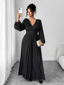 Elenzga Elegant Vintage French Romantic Floral Pleated V-Neck Jumpsuit, Casual & Commuting, Autumn/Winter
