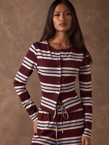 SHEIN BAE Women's Burgundy Casual Striped Print Button-Down Front Opening Slim Fit Long Sleeve T-Shirt / Park Outing / Country Home Top / Casual Top / Striped Top / Basic Style / New Year Casual Top/Casual Women Outfits/Going Out Tops For Women/Long Sleeve Tops For Women/Red Top Long Sleeve Striped Top - Burgundy - View 7