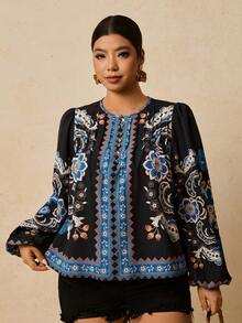 Travachic Áo sơ mi dài tay họa tiết hoa Bohemian cổ điển thường ngày cỡ lớn - màu đen - Xem 3