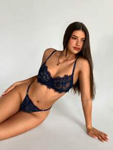 Aloruh New Year, Christmas, Party, High-End, Quality, Versatile Wear, Sexy, Woman, Red, Blue, Sexy Gathered 3/4 Cup Bralette, Lace Sexy Women's Underwear Set 2 Pieces Women's Sexy Lace Bra And Panty Set - Multicolor - View 4