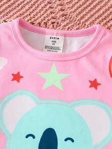 2件套 女童可爱彩虹熊印花长袖上衣和紧身裤睡衣套装 - 粉色 - 查看 7