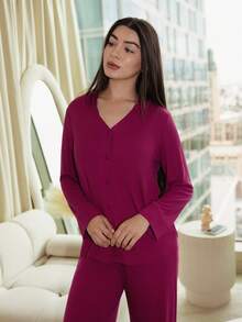 Andrea Bello Ensemble de pyjama femme de loisirs, haut à manches longues et pantalon long, couleur unie, pour la saison automnale et les vacances. Tenue confortable pour l'automne.