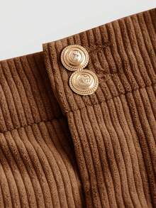 SHEIN Girlism Tween Girl Corduroy Button Pleated Brown Skirt, Casual Autumn/Winter - Brown - View 4
