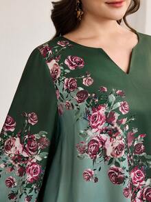 Al Najma 大码女式时尚优雅印花阿拉伯风格上衣 - 墨綠色 - 查看 3