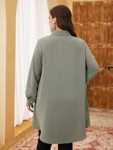 Lacomfia Plus Size Long Sleeve Solid Color Embroidered Button-Up Casual Shirt Fall - Green - View 2