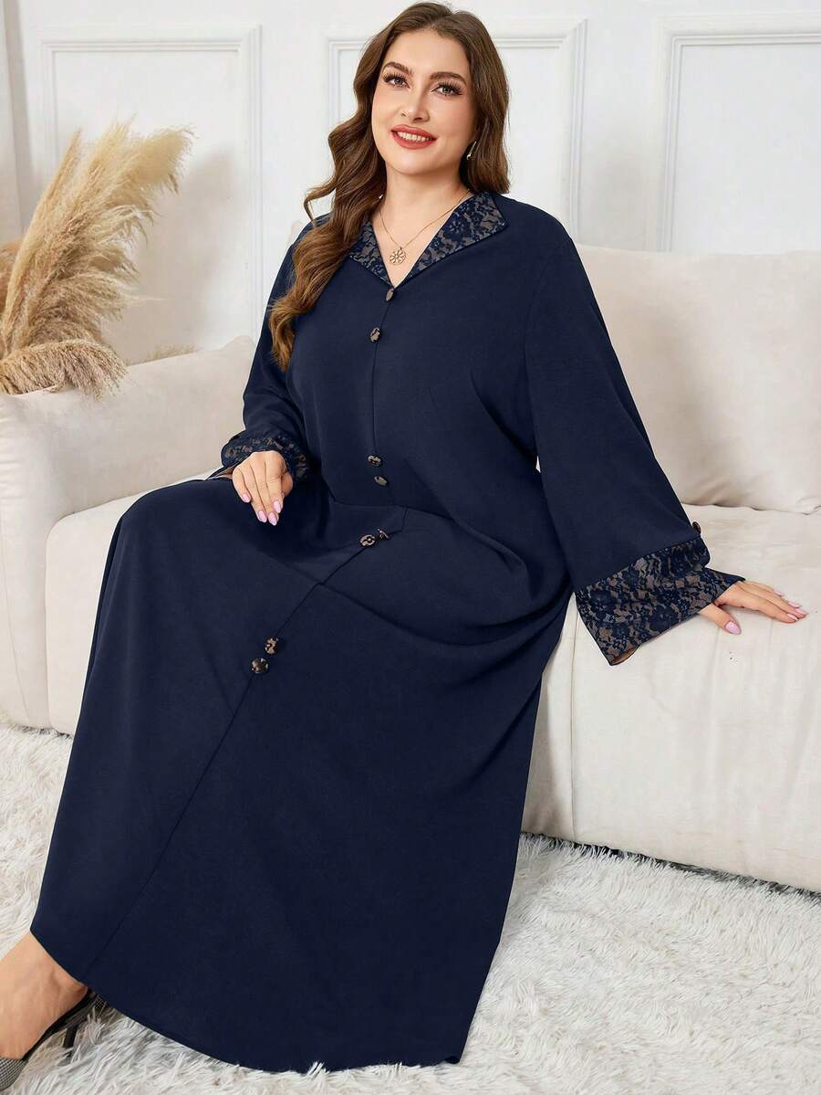 Al Najma 大码女士优雅蕾丝拼接喇叭袖连衣裙，翻领设计 - 藏蓝色 - 查看 1