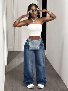 Slaydiva 女士休闲水洗宽松牛仔背带裤 - 中等水洗藍 - 查看 8