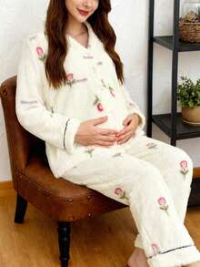 Moonlight&Mama 女士浪漫郁金香印花舒适V领开衫长裤孕妇睡衣套装，秋冬款