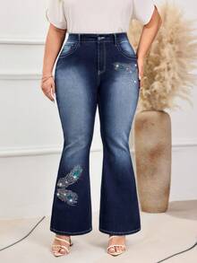 EMERY ROSE Plus-Size Women's Winter Rhinestone Washed Elegant Jeans - Dark Wash - View 8