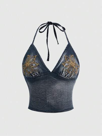 ROMWE Women's Y2K Vintage Floral Embroidery Distressed Spaghetti Strap Sexy Denim Camisole