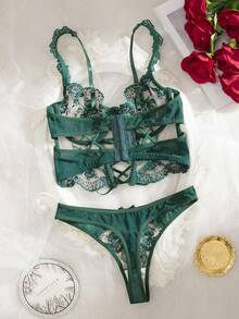 2件套女士性感刺绣薄纱胸衣和内裤套装