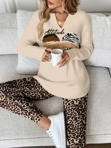 SHEIN LUNE 2pcs/Set Women Long Sleeve T-Shirt And Leggings, Autumn/Winter Two Piece Set Women Comfy 2 Piece Casual Sets Woman Animal Print Outfit Leopard Set - Multicolor - View 4