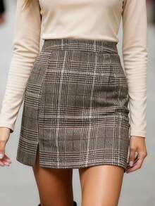 EMERY ROSE Women's Gray Khaki Brown Striped Plaid Thick Fabric A-Line Wrap Mini Skirt, Western Country Casual Bohemian Elegant Thanksgiving Halloween Street Style, Autumn/Winter New Fashion Niche Design Versatile A-Line Mini Skirt - Brown - View 1