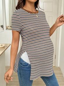 SHEIN Áo thun bầu cổ tròn tay ngắn kẻ sọc xẻ tà, kiểu dáng thường ngày, thích hợp cho mùa hè, mùa xuân, nghỉ xuân. - màu nâu - Xem 5