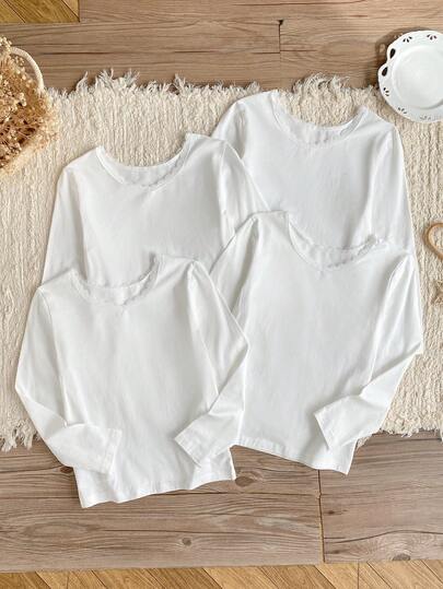 4pcs Girls Casual Long Sleeve Undershirt Set, Comfortable Basic Layering Underwear For Daily Wear White Tops For Kids White Long Sleeve Top White Tops For Girls Teen Girls Summer Long Sleeve Shirts With Collar