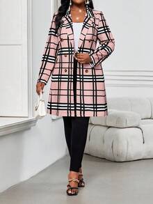 SHEIN Lady CURVE Áo khoác gió cổ ve lật dệt kim họa tiết kẻ caro mùa xuân, mùa hè, mùa thu và mùa đông cỡ lớn, dài vừa, cài hai hàng khuy - Hồng - Xem 4