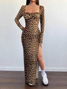 Flirla Leopard Print Square Neck Long Sleeve Split Hem Maxi Dress, Autumn/Winter Casual Daily Outfit - Multicolor - View 5