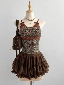 SHEIN Unity 女士豹纹蝴蝶结蕾丝拼接吊带背心 - 彩色 - 查看 1