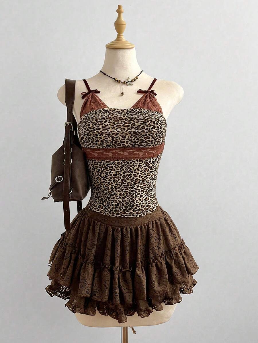 SHEIN Unity 女士豹纹蝴蝶结蕾丝拼接吊带背心 - 彩色 - 查看 1