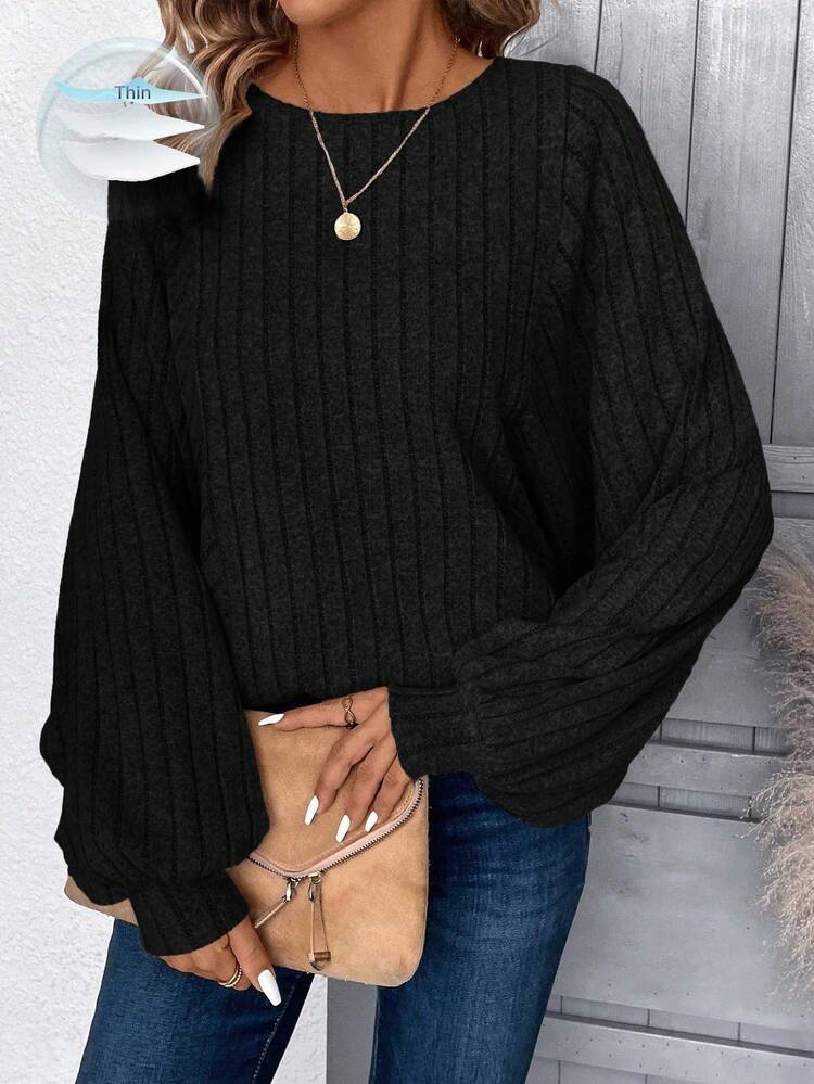 Plus Size Women Casual Solid Color Ribbed Batwing Sleeve Sweatshirt/Winter Winter Clothes For Women Black Top Christmas New Year Look  Stylish Clothing Collection Lantern Sleeve Top