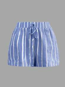 Cévolie Blue & White Striped Loose Front Button Shirt And Shorts Casual Set - Blue - View 3