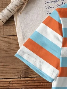 Rubble X SHEIN Young Boy Crew Neck Short Sleeve Summer Comfortable Casual Cartoon Orange & Blue Striped Star & Puppy Letter Graphic T-Shirt - White - View 3