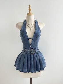 Elamini Y2K 时尚休闲性感露背无袖牛仔连衣裙，带褶裥裙摆 - 中等水洗藍 - 查看 5