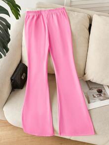 SHEIN Tween Girls' Simple Fashionable Flared Casual Solid Color Pants - Pink - View 2