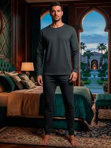 Conjunto térmico para hombre, clásico y casual, colores lisos sin estampado. Camisa de manga larga, cuello redondo. Pantalón de pierna recta semi-entobado, ajuste de cintura natural con resorte ligero, tela de poliéster y elastano. Bragueta con cierre de botón. Interior muy suave, cálido y agradable con tu piel, ideal para temporadas de otoño e invierno. En algunos colores el tono puede variar. - Gris Claro - Ver 5