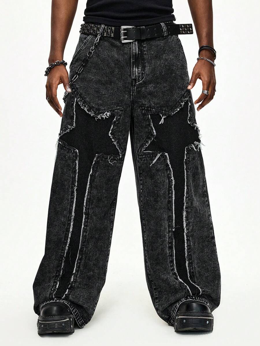 ROMWE MEN Street Life Men's Pocket Frayed Hem Fashionable Versatile Casual Wide Leg Jeans