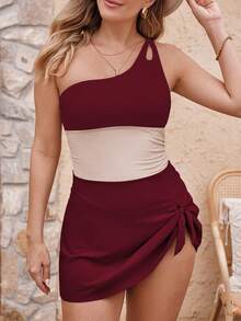 Swim Lushoire 2pcs/Set 2025 Women's New Colorblock One-Shoulder Soft Padded Tankini Swimwear, Slimming - Burgundy - View 1