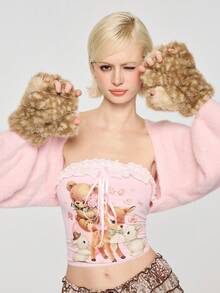 ROMWE Grunge Punk 1 Pair Of Deer Plush Gloves, Cute Autumn And Winter Warm And Comfortable Anti-Finger Gloves, High-Quality Thickened And Piled Imitation Fur Finger Gloves